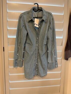 NWT: ZARA Faded Light Blue Denim Button-Up Shirt Dress